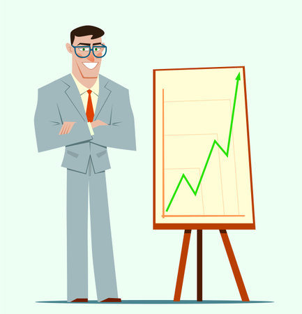 Businessman shows graphics on the flip chart. Cartoon flat style illustrationのイラスト素材