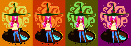 Witch brews a potion. Halloween poster. Cartoon style illustrationのイラスト素材