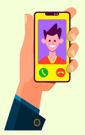 Man hand holding smartphone. Incoming call. Flat cartoon style illustrationのイラスト素材
