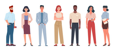 Business team of different gender, age and race standing on an isolated white background. Modern...