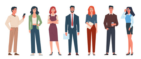 Business team of different gender, age and race standing on an isolated white background. Modern...