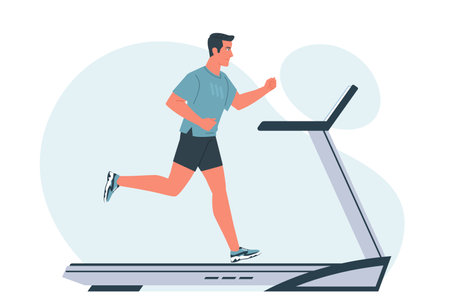 Man runs on a treadmill. Active lifestyle. Flat cartoon vector illustration on isolated white backgroundのイラスト素材