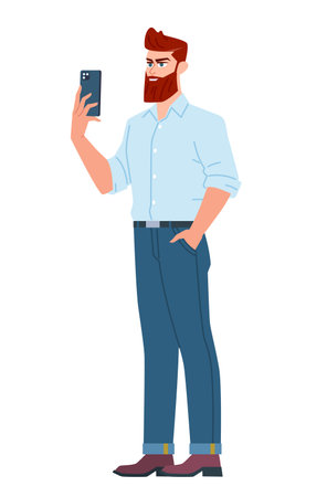 Man stands and holds a smartphone in his outstretched hand. Flat cartoon vector illustration on isolated white backgroundのイラスト素材