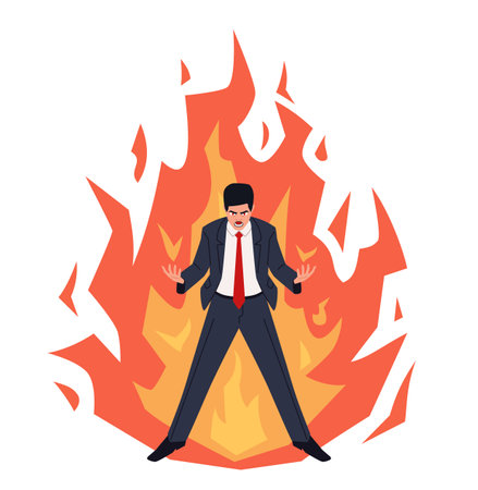 Young businessman in a fit of rage against the background of a blazing fire. Isolated white background. Modern flat cartoon illustrationのイラスト素材