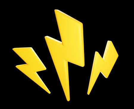 3d render yellow lightning sign. Stop, danger, energy. Modern cartoon illustration isolated on black...