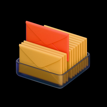 Glass mailbox with incoming yellow and red letters. Modern illustration isolated on black background. 3d renderの写真素材
