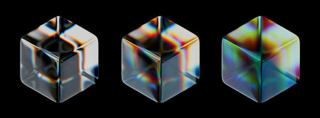 Set glossy cubes with dispersion effect. Modern illustration isolated on black background. 3d renderの写真素材