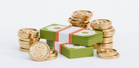 Stack of coins and bills. Modern illustration isolated on white background. 3d renderの写真素材