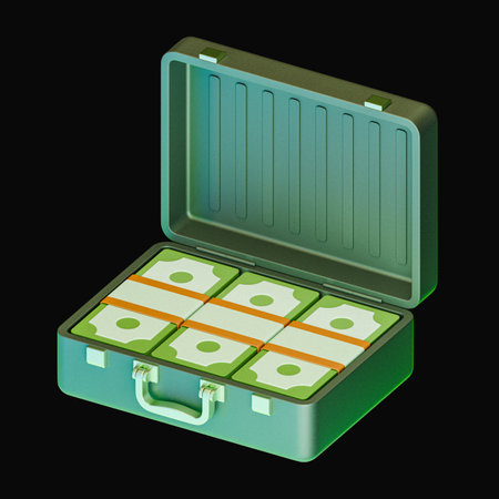 Piles of money in the briefcase. Minimalistic concept. Modern illustration isolated on black background. 3d renderの写真素材