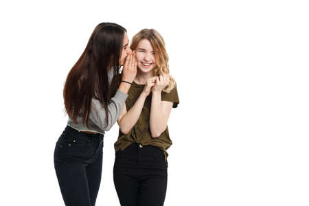 beautiful young girlfriends gossiping over white background, isolated.の写真素材