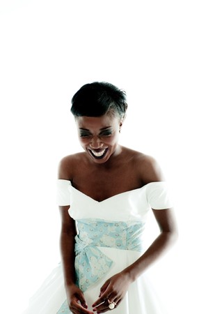 A young female model, photographed waring bridal dress.の写真素材