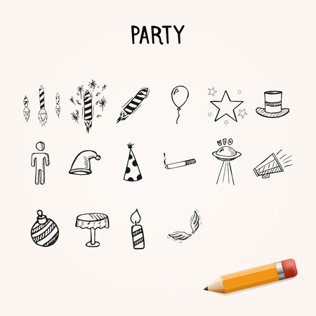 Vector group of hand-drawn party icons, on white backgroundのイラスト素材
