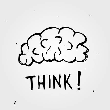 Hand drawn Brain. doodle inscription Think, isolatedのイラスト素材