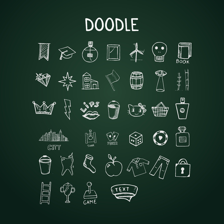 Set of doodle icons, vector hand-drawn objects on chalkboardのイラスト素材