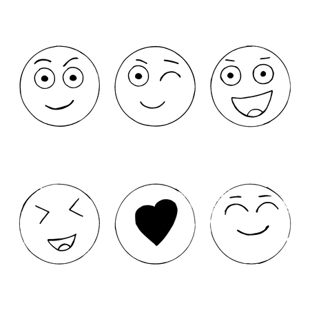 Set of hand drawn happy emoji isolated on white background. vector doodle illustrationのイラスト素材