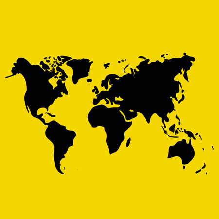 Vector hand drawn black world map on yellow background. doodle illustrationのイラスト素材