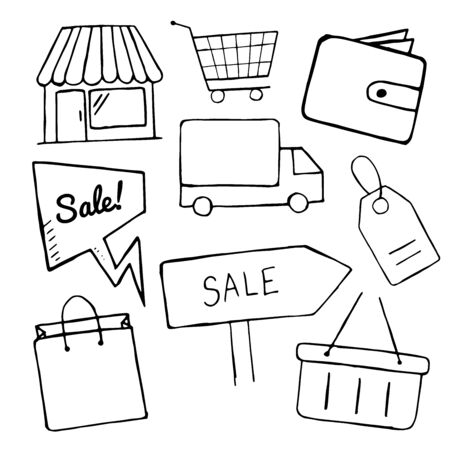 Set of business doodle icons. vector shopping icons for design, hand drawn shop, sale, shopping bag, basket objectsのイラスト素材