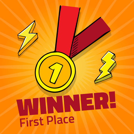 First place award gold medal with red ribbon on yellow background. vector icon with lightningのイラスト素材