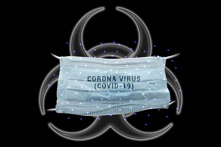Isolated health mask in black background with biohazard and virus droplets, text overlay reading Corona Virus, Covid-19の写真素材