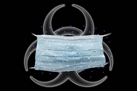 Isolated health mask in black background with biohazard and virus dropletsの写真素材