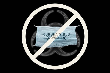 Isolated health mask in black background with biohazard and no-entry symbols, text overlay reading Corona Virus, Covid-19の写真素材