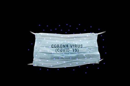 Isolated health mask in black background with virus droplets, text overlay reading Corona Virus, Covid-19の写真素材