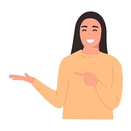 The girl points her fingers from the side of herself, points to the object, the place for insertion. Mock-up for advertising, isolated on white background, space for text. Flat illustrationのイラスト素材