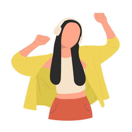 Dancing girl with headphones. A joyful girl dances to the music, hands up. Flat illustration, no faceのイラスト素材