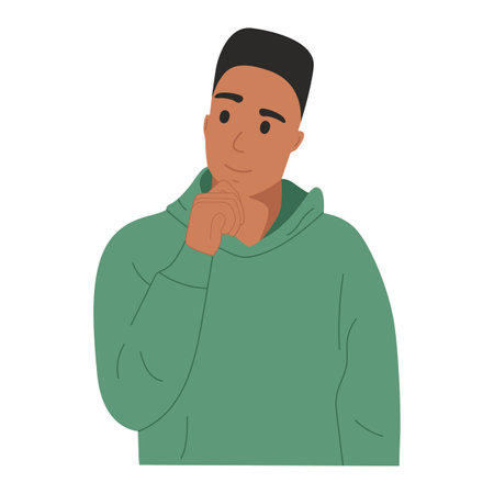 The young dark-skinned guy looked to the side in thought and raised his hand to his chin, holding his chin with his hand. Mockup for advertising, space for text, copy space, isolated on whiteのイラスト素材