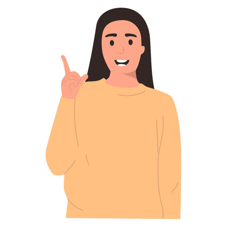 I have an idea. the girl shows her index finger up, a gesture pointing up, a thought appeared. Mockup, space for text, isolated on white background, portraitのイラスト素材