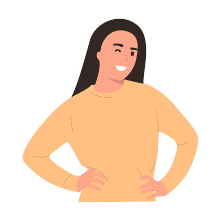 Portrait of a smiling girl with hands on hips. Mock-up for advertising, isolated on white background, space for text. Flat illustrationのイラスト素材