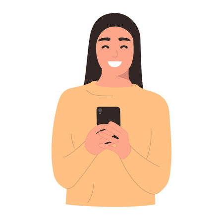 A pleasantly surprised brunette girl with long hair in a yellow sweater looks at her phone. Lifestyle concept. Mock-up place for text isolated on white backgroundのイラスト素材