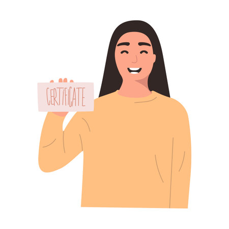 A joyful girl holds a gift certificate in her hand. Mockup for gift voucher, space for text, isolated on white background, portraitのイラスト素材