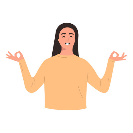 Portrait of a young girl waist-deep isolated on white background. Relaxed girl holding her fingers in a yoga pose. Mock-up for advertising, place for text, conceptのイラスト素材