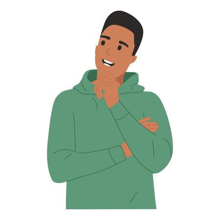 The young dark-skinned man pondered, holding his chin with his hand and looking up sideways. Mockup for advertising, space for text, isolated on white backgroundのイラスト素材