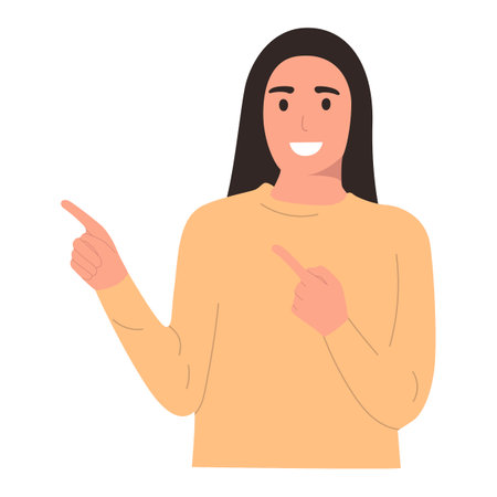 The girl points her fingers from the side of herself, points to the object, the place for insertion. Mock-up for advertising, isolated on white background, space for text. Flat illustrationのイラスト素材