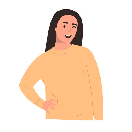 Portrait of a smiling girl with hands on hips. Mock-up for advertising, isolated on white background, space for text. Flat illustrationのイラスト素材