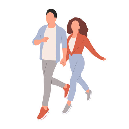 The guy and the girl happily walk holding hands. Happy coupleのイラスト素材