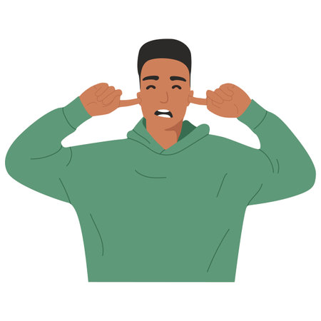 The guy covers his ears with his fingers from an unpleasant sound, music. Black young man mockup for advertising, space for text, copy space, isolated on white background, portraitのイラスト素材