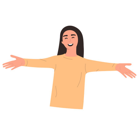 Portrait of a joyful girl in a pose for a hug. Stretches out his hands to the camera. Mock-up for advertising, isolated on white background, space for text.のイラスト素材