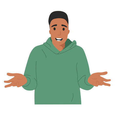 Young black guy in disbelief with hands palms up in front of him. Mockup for advertising, space for text, copy space, isolated on white background, portraitのイラスト素材