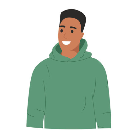 A young dark-skinned guy looks to the side near him, a look to the side with a smile. Mockup for advertising, space for text, copy space, isolated on white background, portraitのイラスト素材