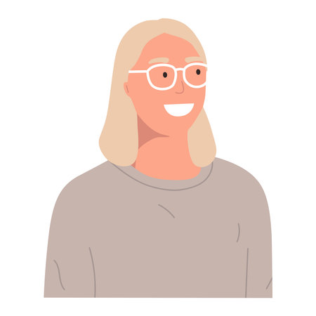 Portrait of a nice girl with a wide smile in fashionable clothes, flat illustration. Isolated on white background, mock up for website, advertisingのイラスト素材
