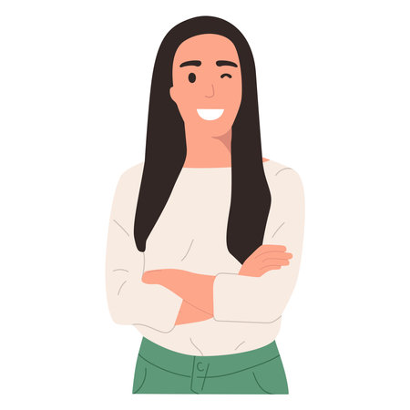 Portrait of a girl who crossed her arms on her chest. Winks at the camera, flat illustration of a joyful girl. Isolated on white background, mock up for website, advertisingのイラスト素材