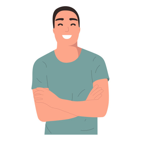 The portrait of the guy has his arms crossed over his chest and smiles. The guy in the green T-shirt. Isolated on white background, mock up for website, advertisingのイラスト素材