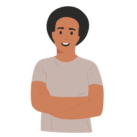 Portrait of an African American guy, folded arms on his chest, flat illustration. Isolated on white background, mock up for website, advertisingのイラスト素材