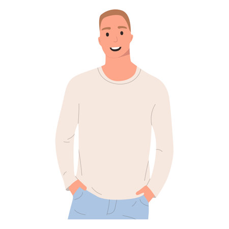 Portrait of a guy in a sweatshirt smiling looking at the camera, hands in pockets, flat illustration. Isolated on white background, mock up for website, advertisingのイラスト素材
