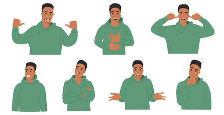 A set of illustrations of one guy with different emotions and gesturesのイラスト素材
