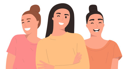 Seth portrait of three different girls. Different emotions, a team of three young girls smiling happily. Isolated on white background, bright colors, flat illustrationのイラスト素材