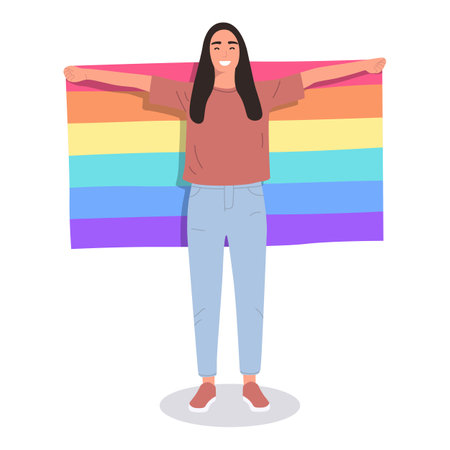 Lesbian woman holding a lgbt flag. The representative of the gay holds moisture in her hands behind her back. LGBT symbols, gay community protest. Isolated on white background, flat illustration.のイラスト素材